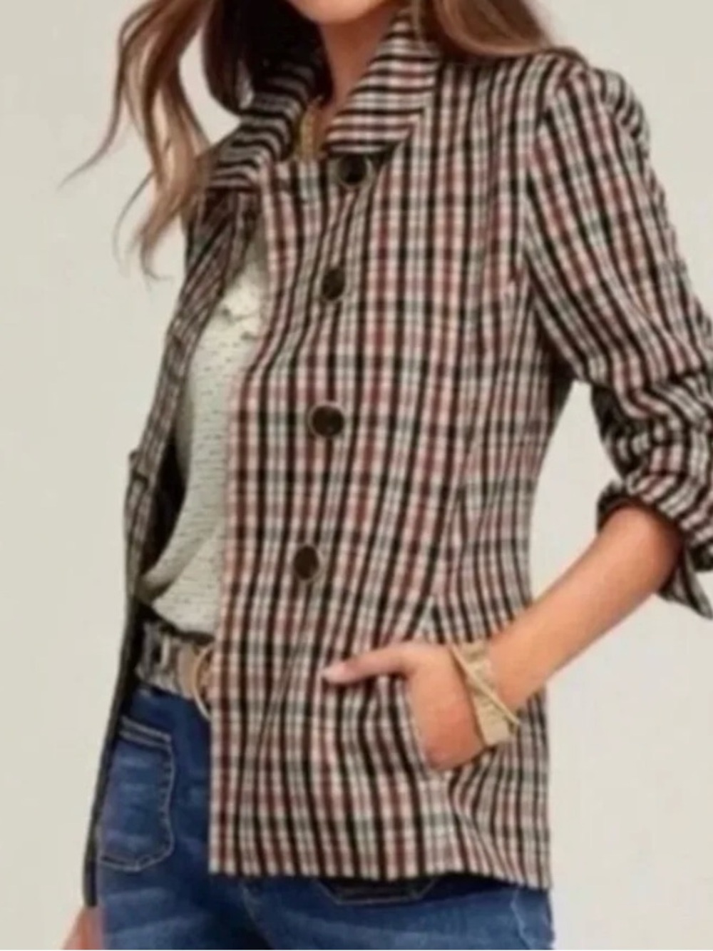 NWOT CAbi Jazzy Toffee Plaid Double Breasted Blazer Jacket Work Office Business